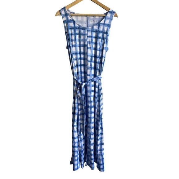 Cuddl Duds Maxi Dress Stretch Blue White Belted Sleeveless Size Large MSRP $53 F - Picture 1 of 7